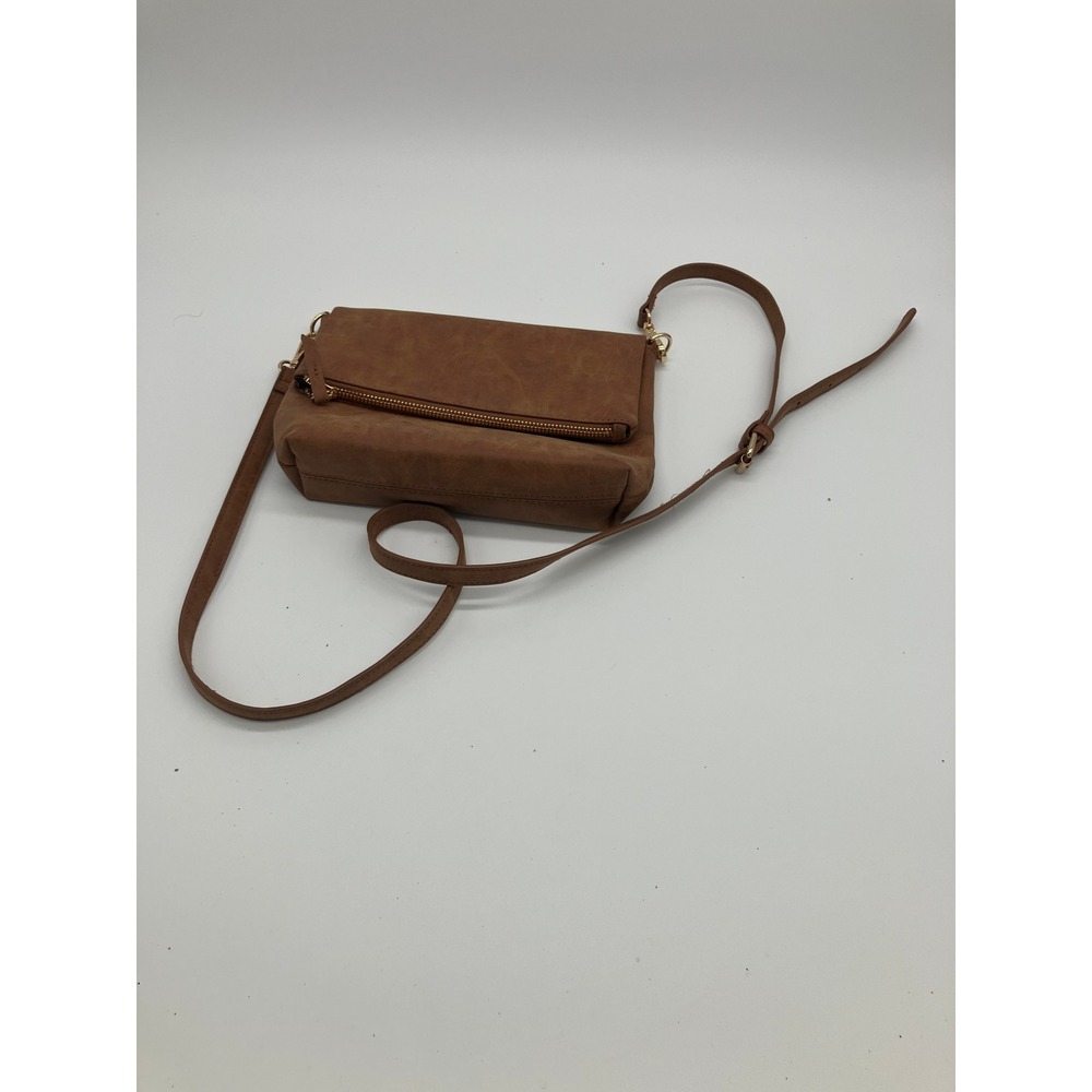 Unbranded Brown Faux Leather Crossbody Bag Fold Over Zipper Gold Tone Hardware - Picture 1 of 7